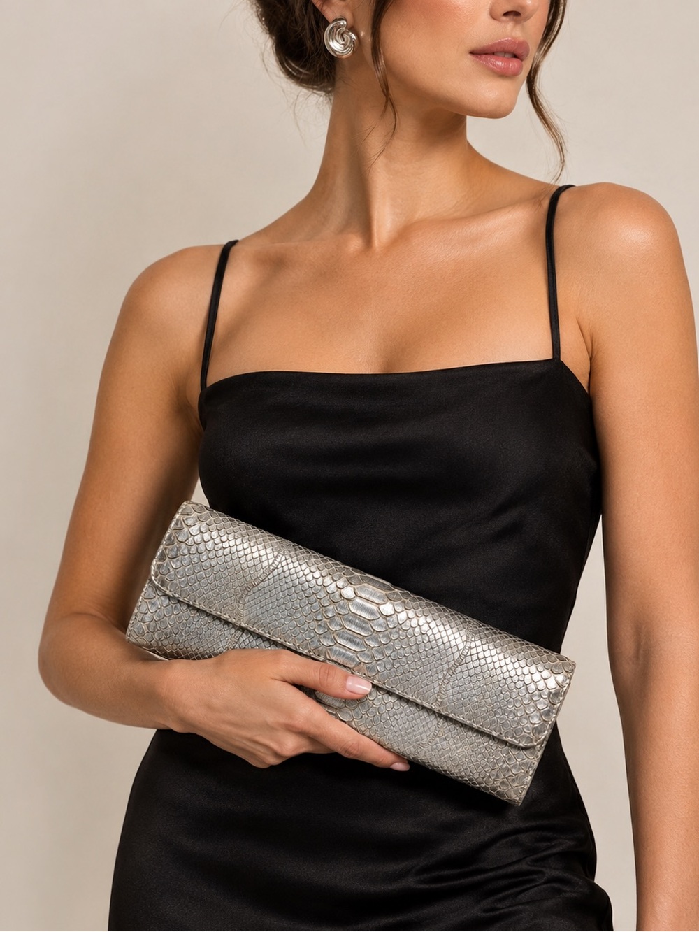 Vintage Carlos Falchi Fatto a Mano Genuine Python Metallic Silver Shoulder Bag